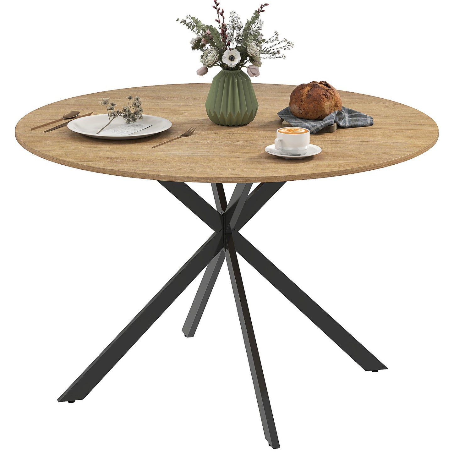Round dining table for 4 people, industrial style kitchen table with steel legs, for dining room, kitchen, oak