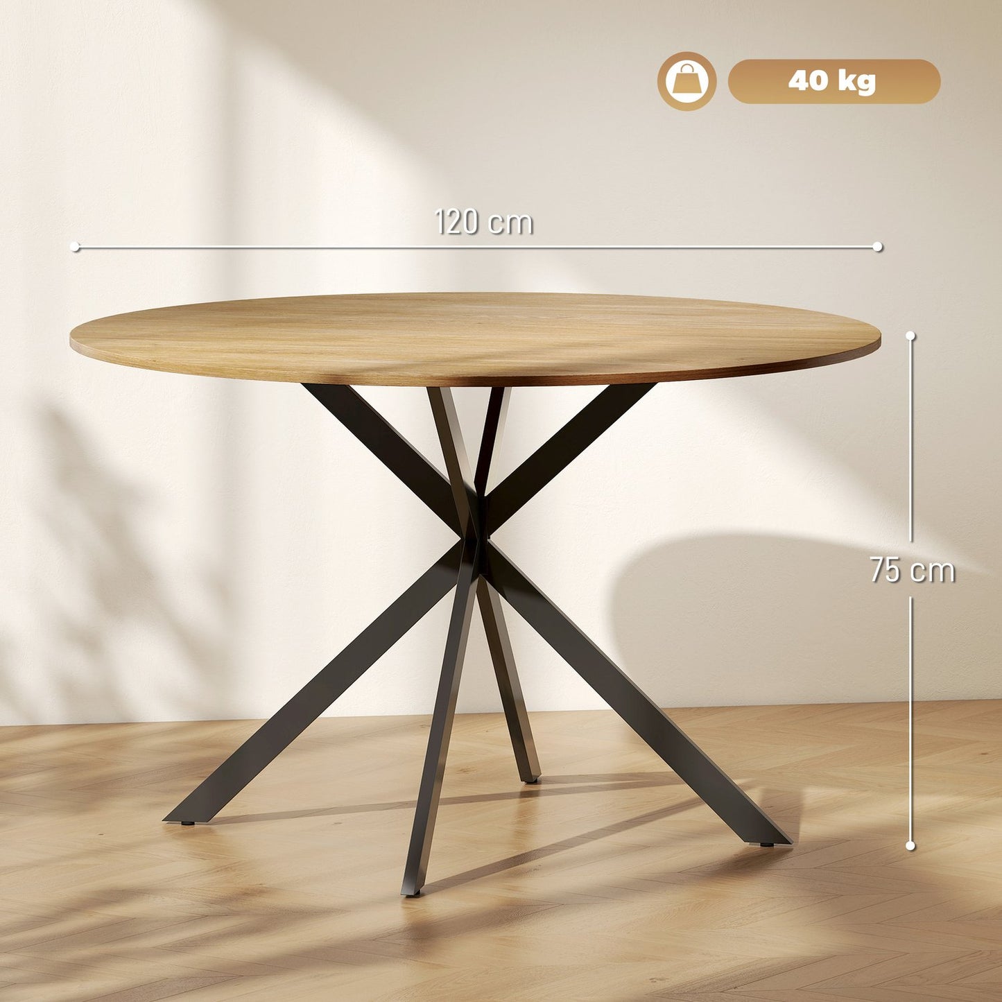 Round dining table for 4 people, industrial style kitchen table with steel legs, for dining room, kitchen, oak