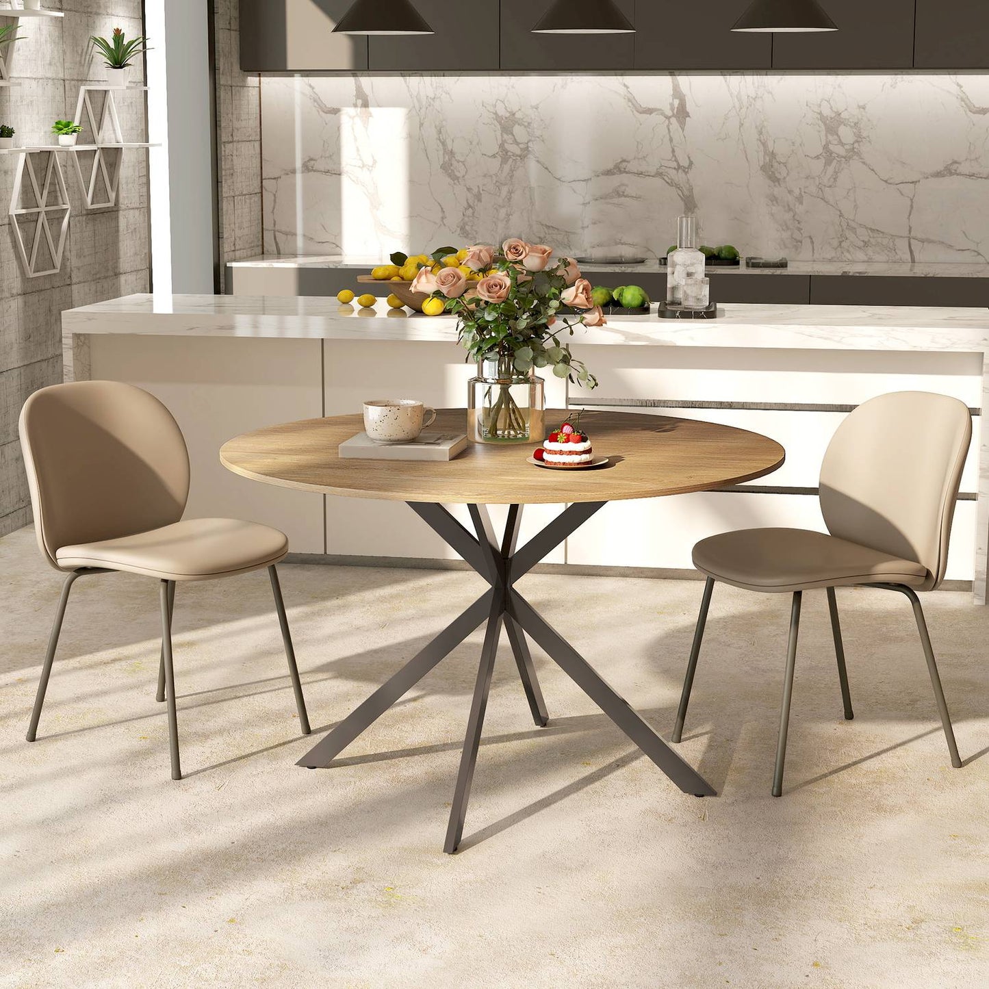Round dining table for 4 people, industrial style kitchen table with steel legs, for dining room, kitchen, oak
