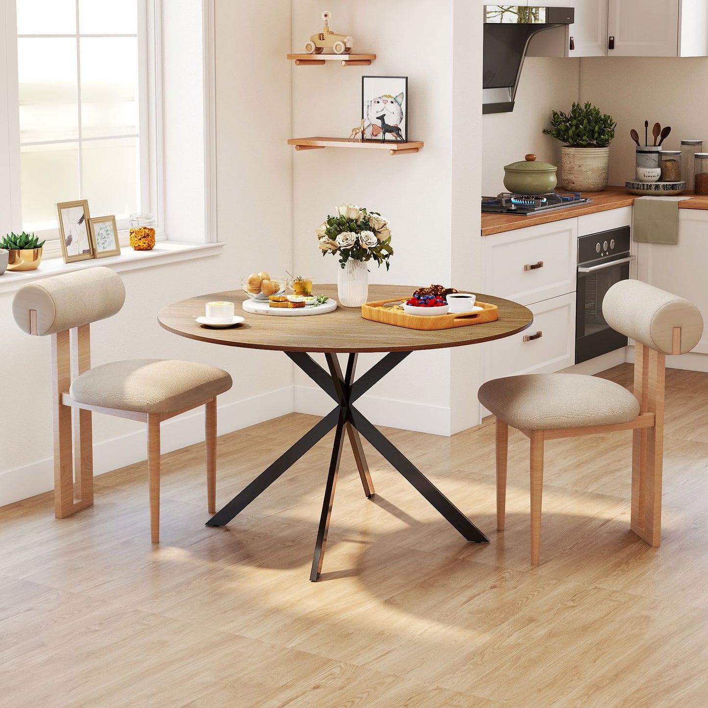 Round dining table for 4 people, industrial style kitchen table with steel legs, for dining room, kitchen, oak
