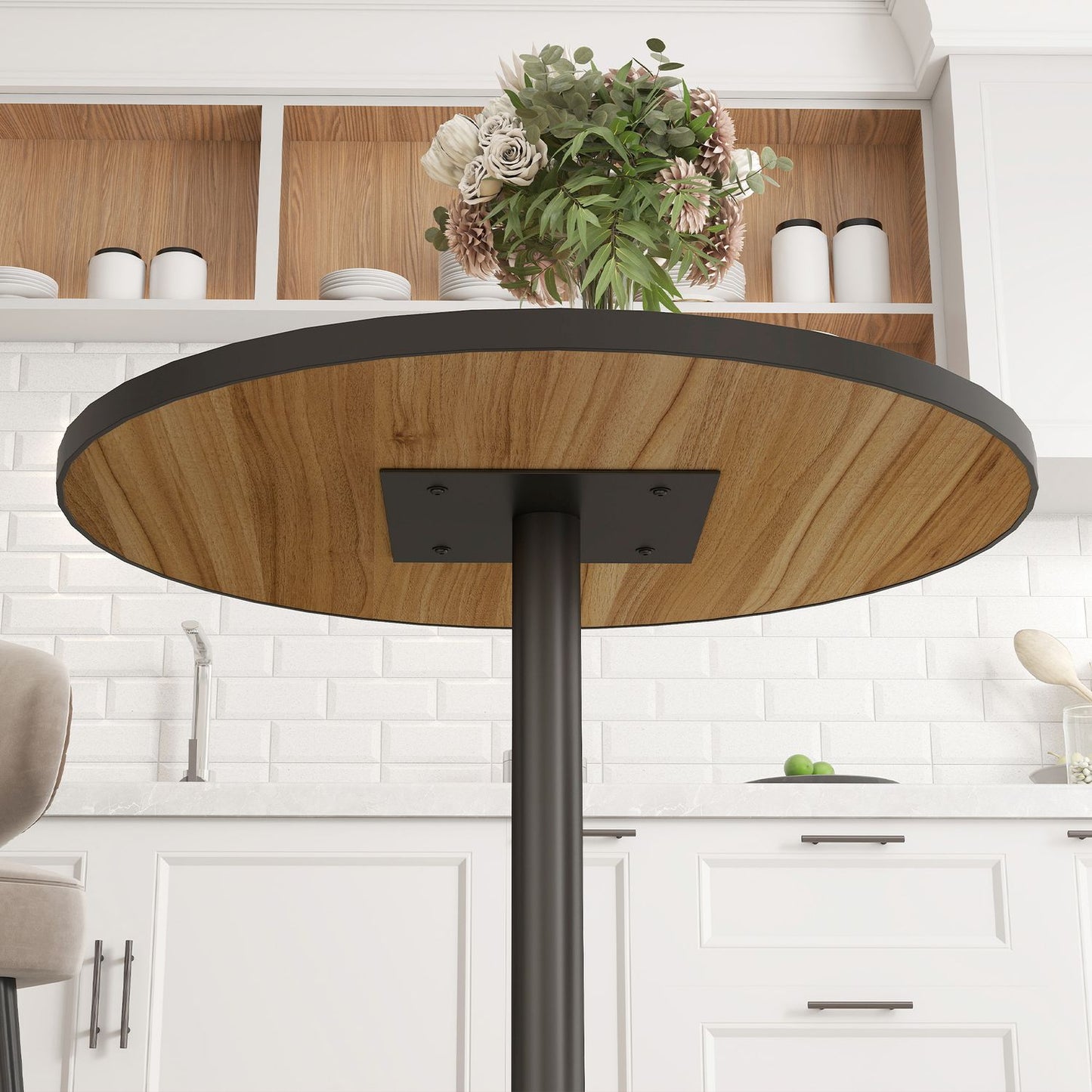 Round Dining Table, Oak Finish, Seats 2-4, Compact Design