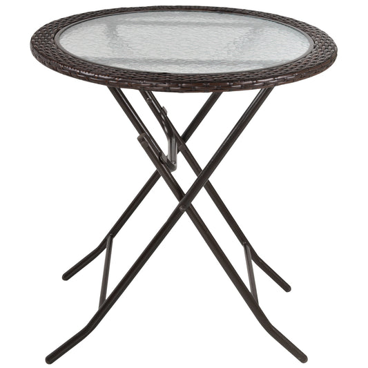 Round folding camping table - brown rattan, steel, Ø68 Cm