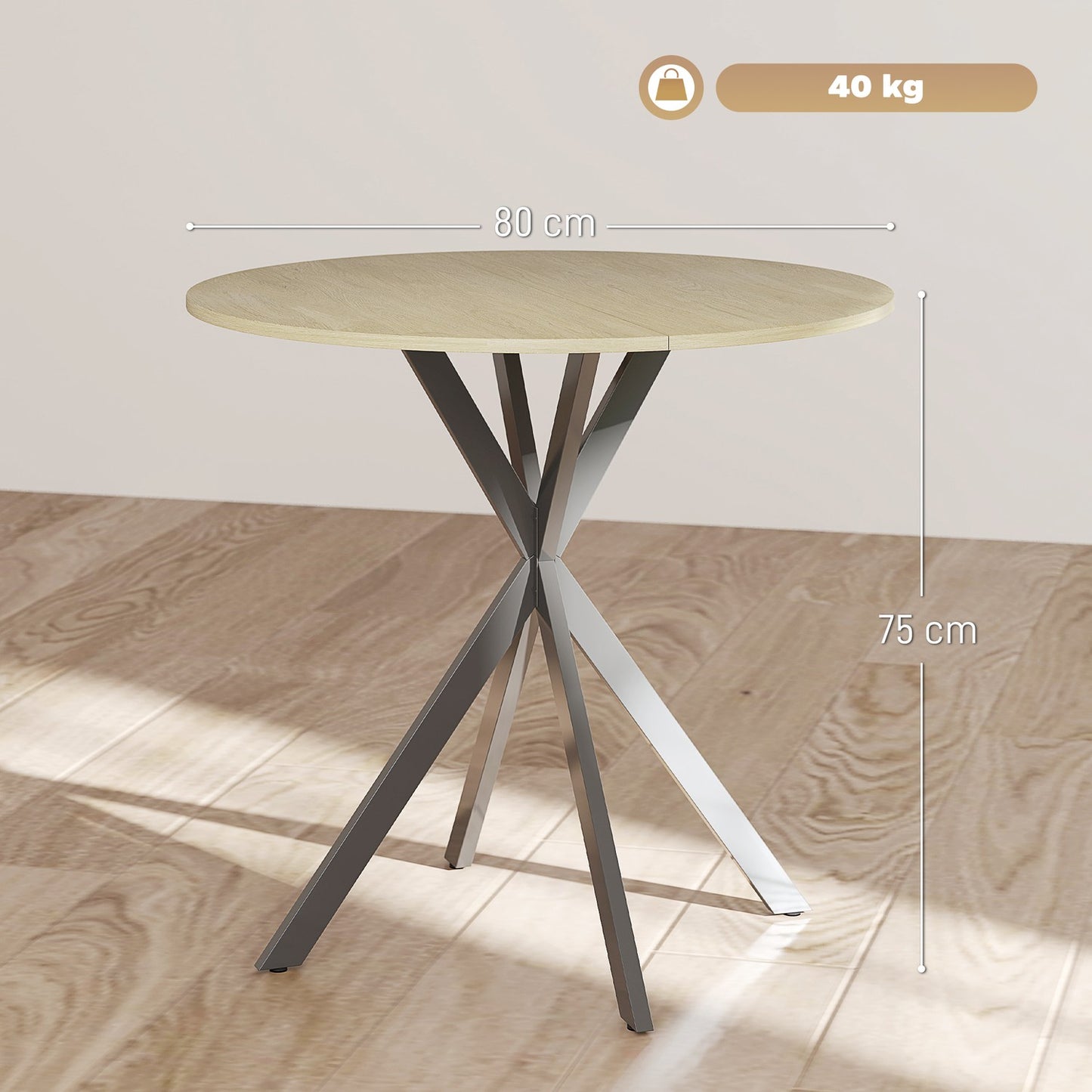 Round Dining Table, 80 cm, Wood-Look Top, Steel Legs