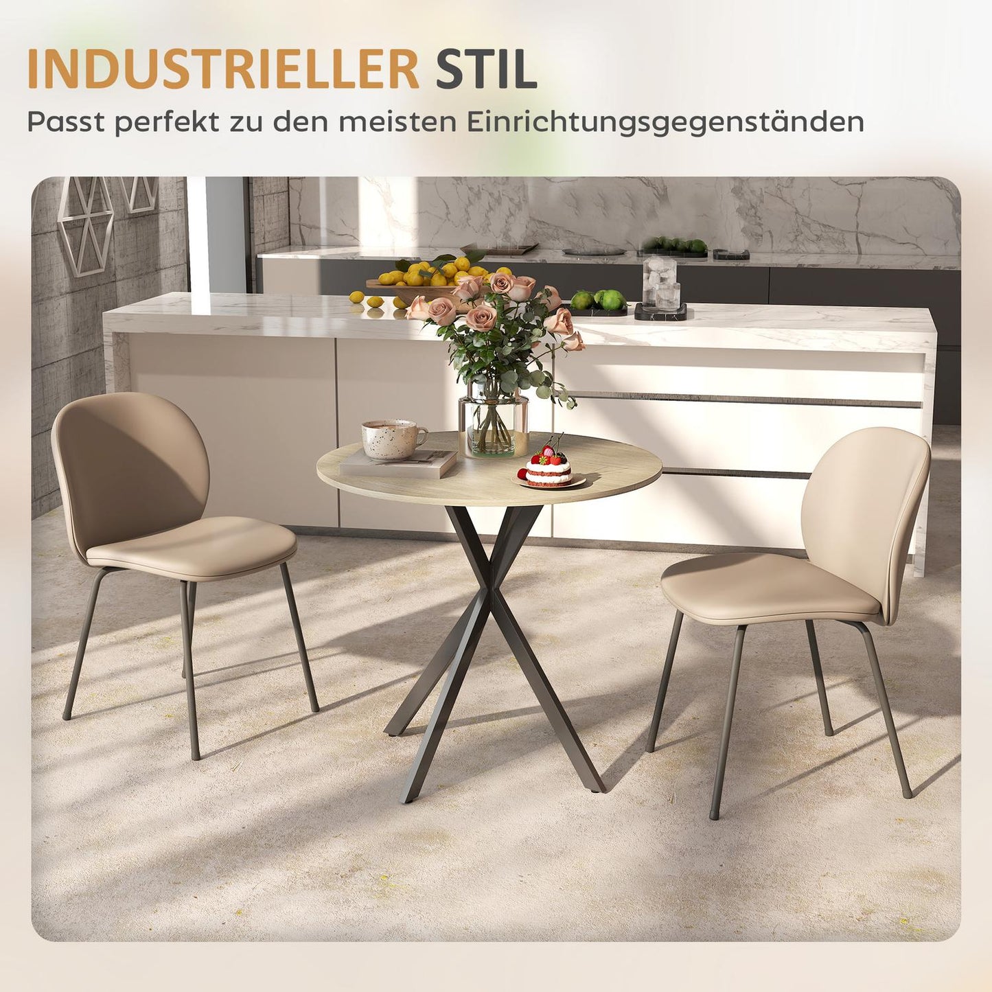 Round Dining Table, 80 cm, Wood-Look Top, Steel Legs