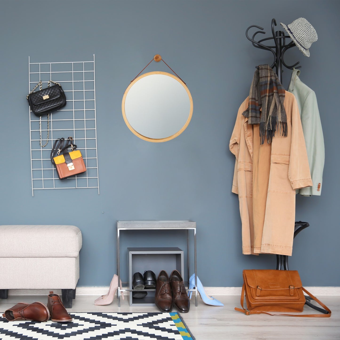 Round mirror with strap