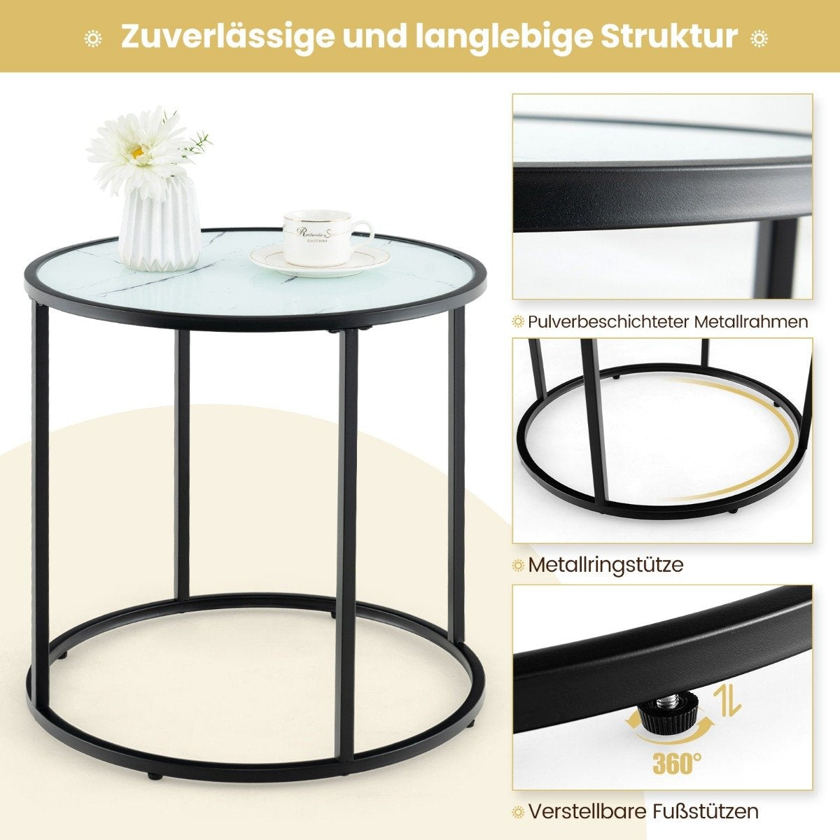 Round side table with marble imitation glass top & adjustable feet sofa table