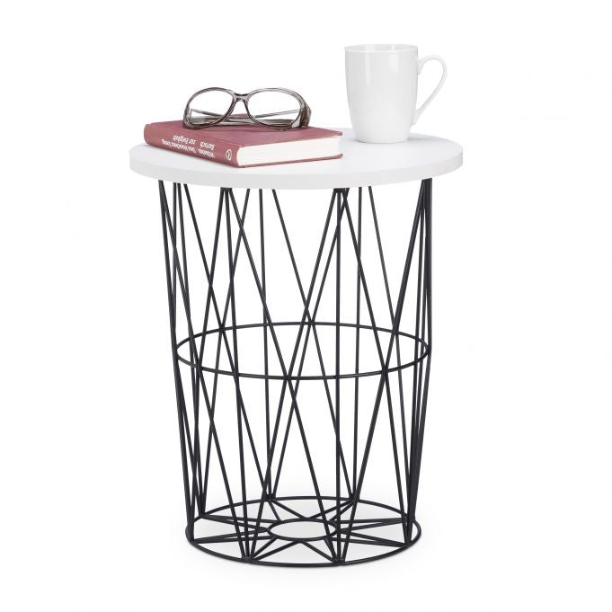 Round side table with metal basket