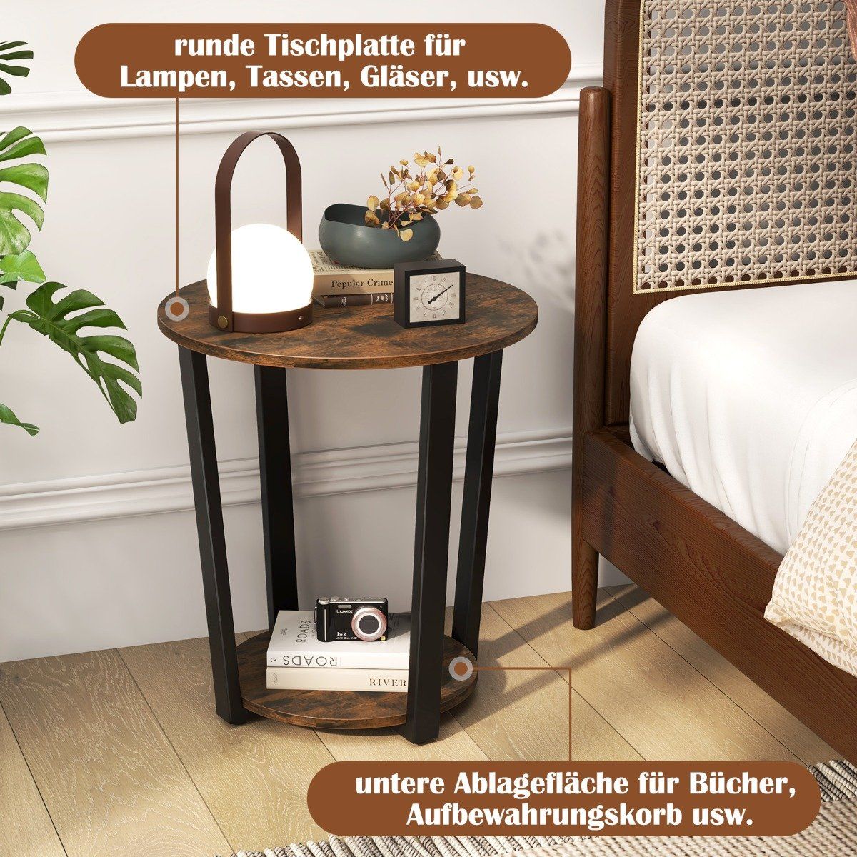 Round side table with open shelf &amp; Metal Frame 2 Tier Accent Table Sofa Table-Rustic Brown