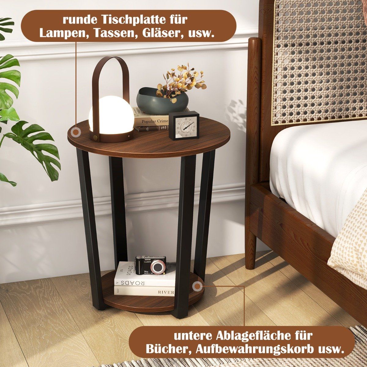 Round side table with open shelf &amp; Metal Frame 2 Tier Accent Table Sofa Table Walnut