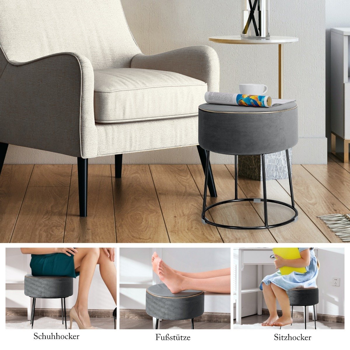 Round stool footstool made of velvet with metal legs, upholstered dressing stool, can hold up to 150 kg, grey