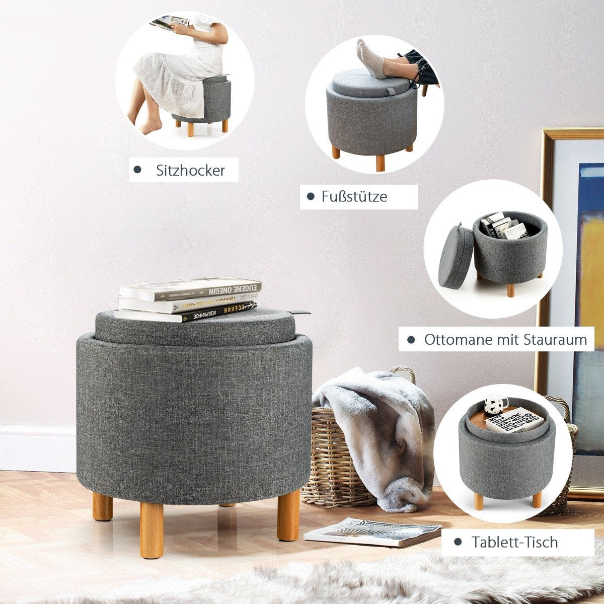 Round stool with storage space &amp; Removable lid can hold up to 150 kg. Gray footstool