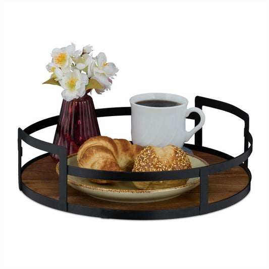 Round tray in wood and iron