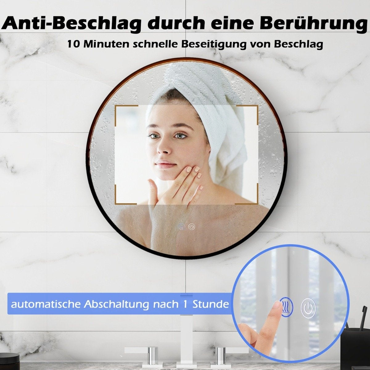Round wall mirror with 3 colors and memory function. Anti-fog dimmable bathroom mirror