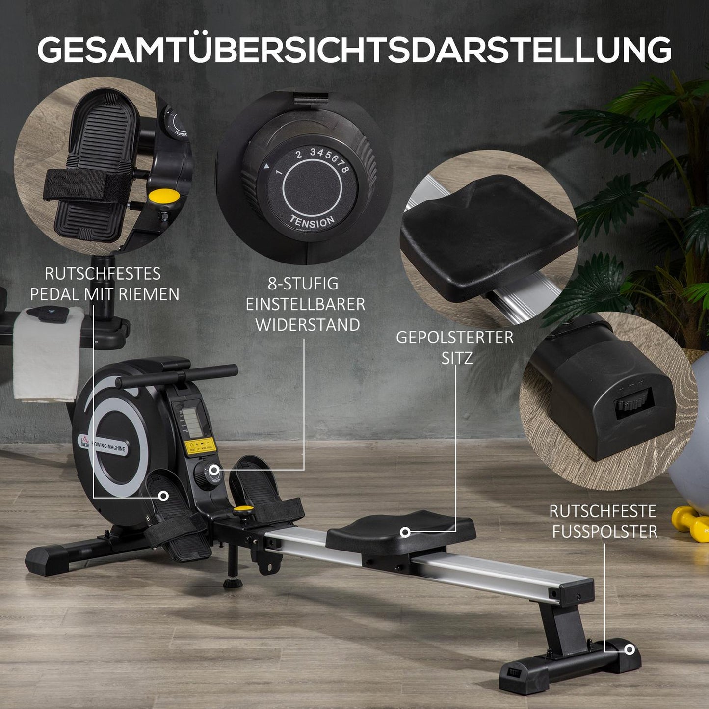 Folding rowing machine - 8 levels, training for the whole body