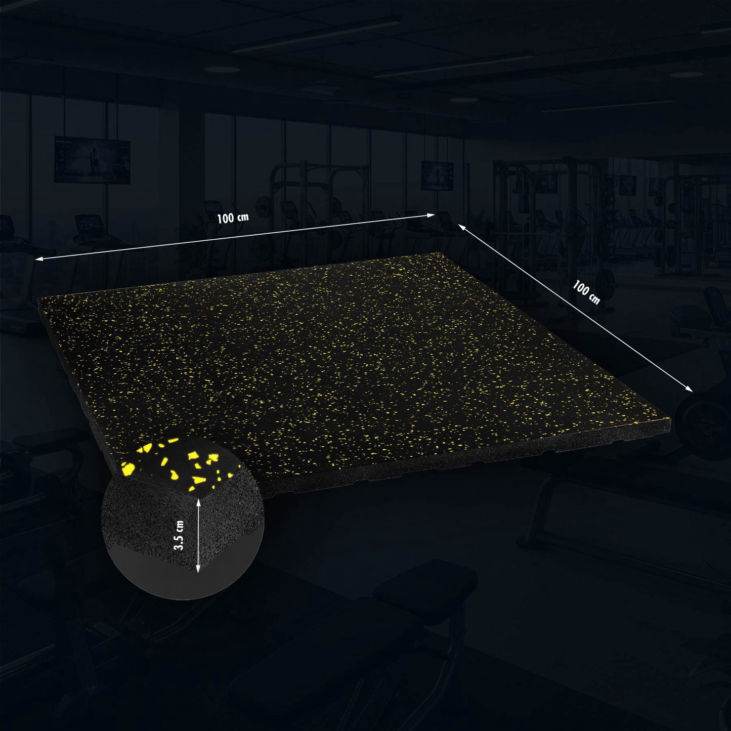Rubber Gym Flooring, 35mm Black/Yellow, 1x1m, Shock Absorbent