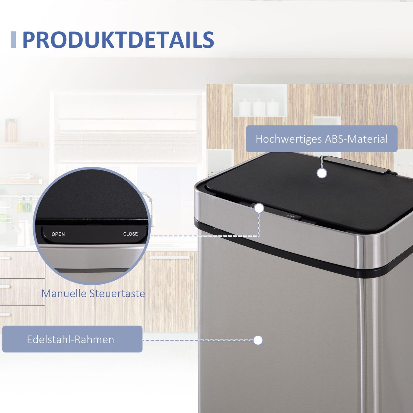 72L sensor waste bin in stainless steel, 3-compartment