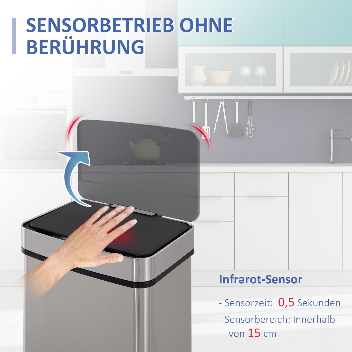 72L sensor waste bin in stainless steel, 3-compartment