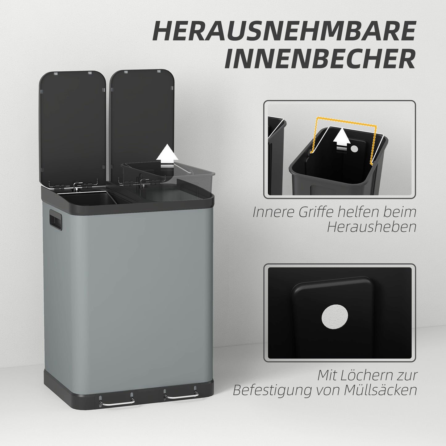Double 30L pedal container - metal, inner container, lid