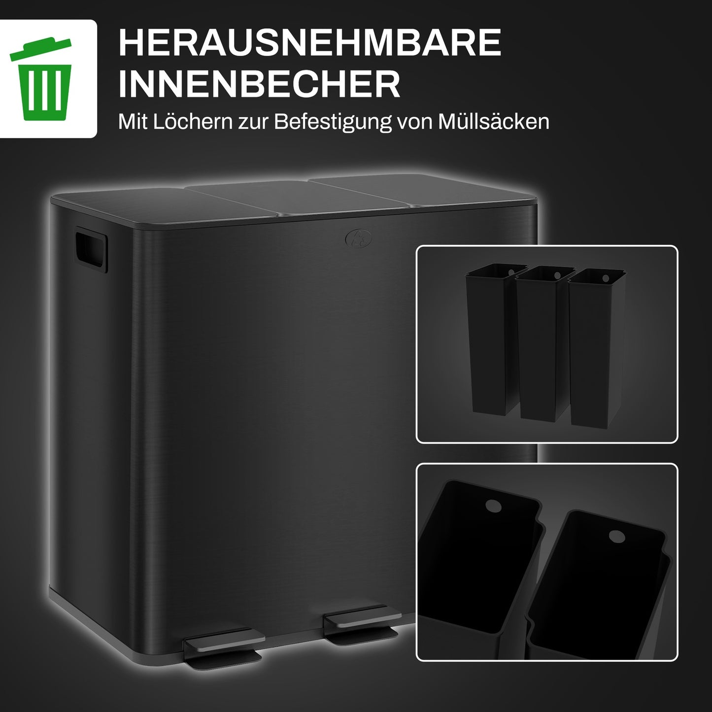 Stainless steel triple pedal container, 3x15L, with inner container