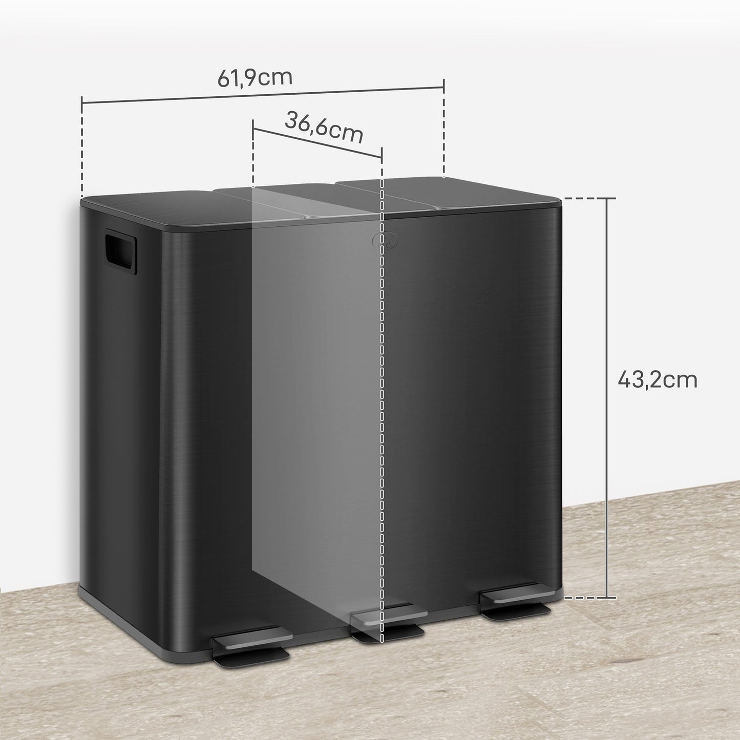 Stainless steel triple pedal container, 3x15L, with inner container