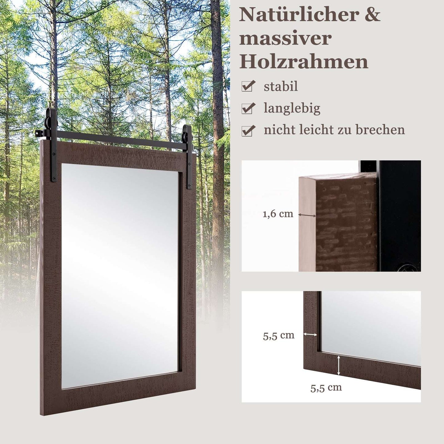 Rustic Rectangular Wall Mirror, Solid Wood Frame, 76x56 cm