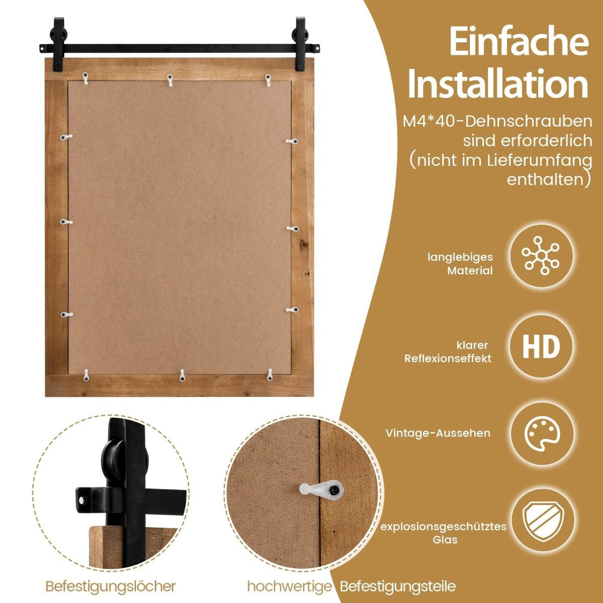 Rustic Wall Mirror with Wood Frame & Metal Mount, 76x56 cm