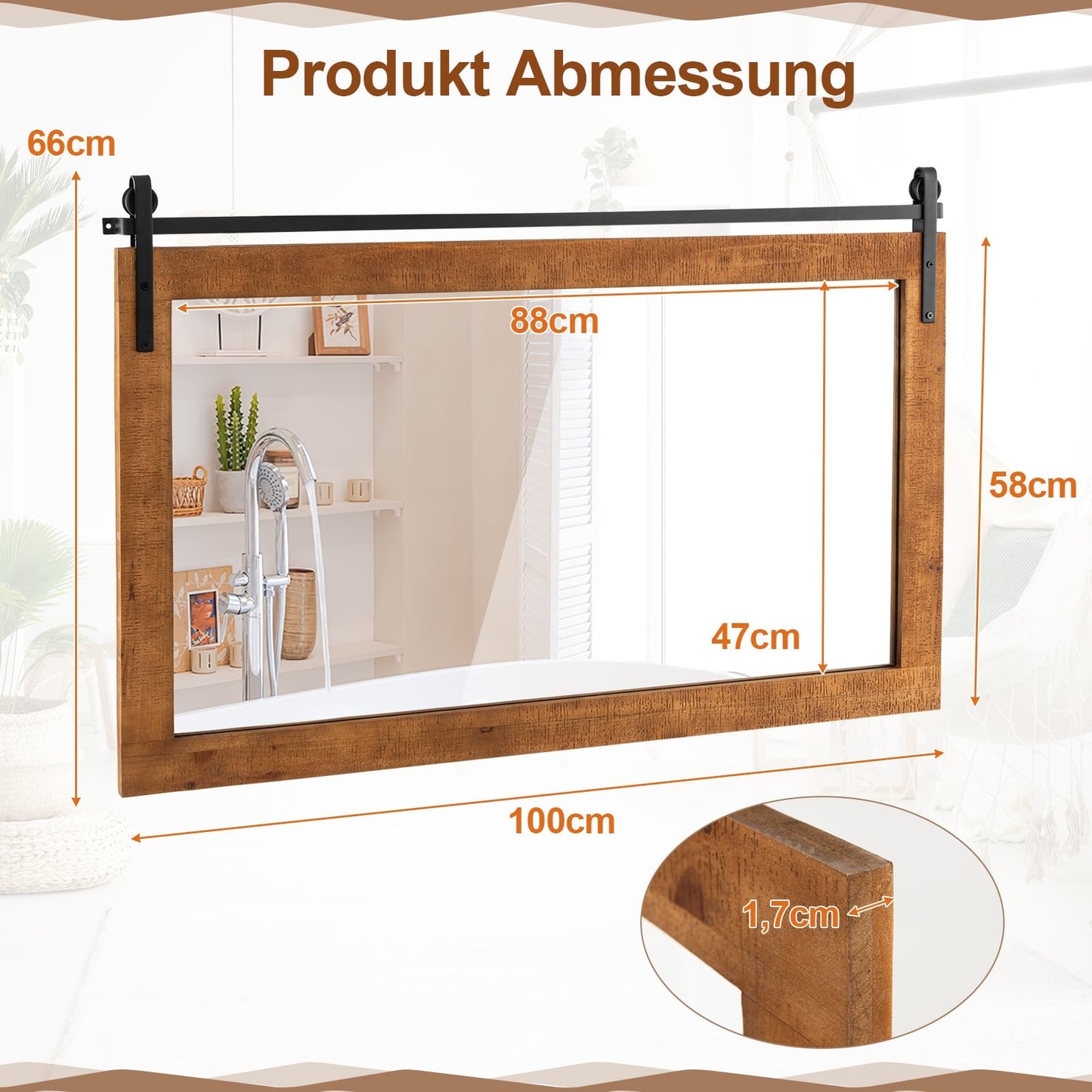 Rustic Wood Frame Wall Mirror, 100x66 cm, Brown
