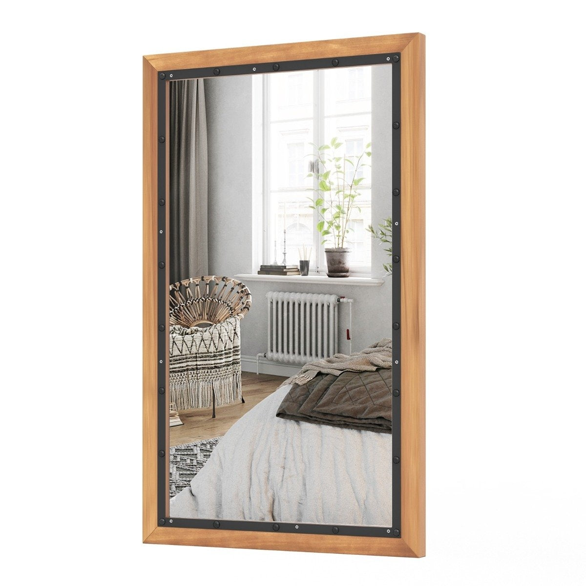 Rustic wooden mirror with rectangular frame decorative hanging mirror 55 x 90 cm natural