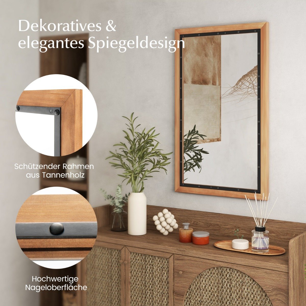 Rustic wooden mirror with rectangular frame decorative hanging mirror 55 x 90 cm natural