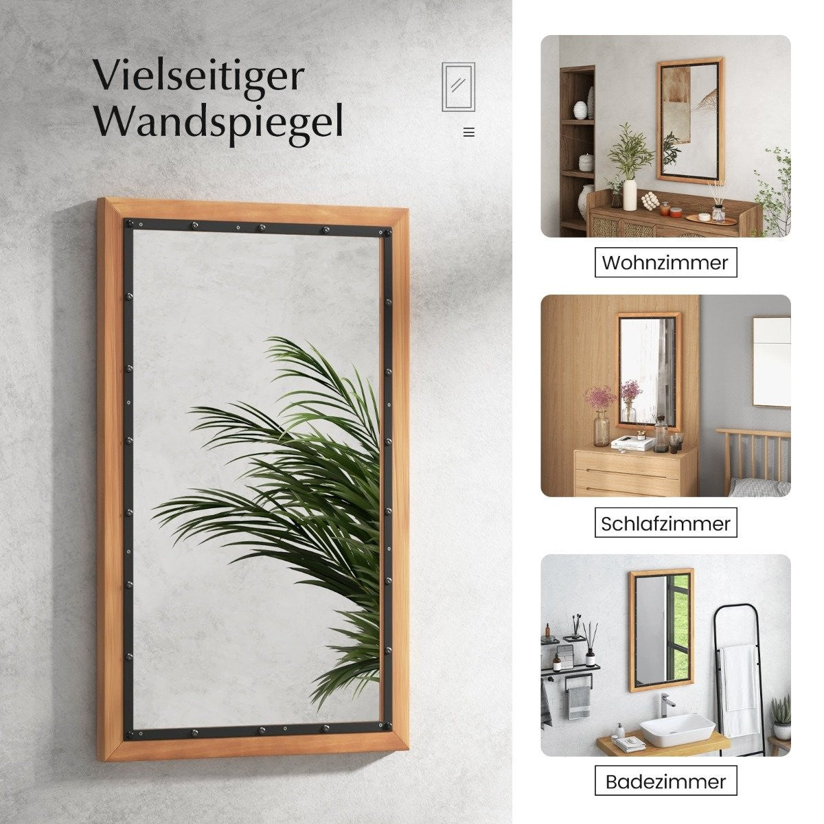 Rustic wooden mirror with rectangular frame decorative hanging mirror 55 x 90 cm natural