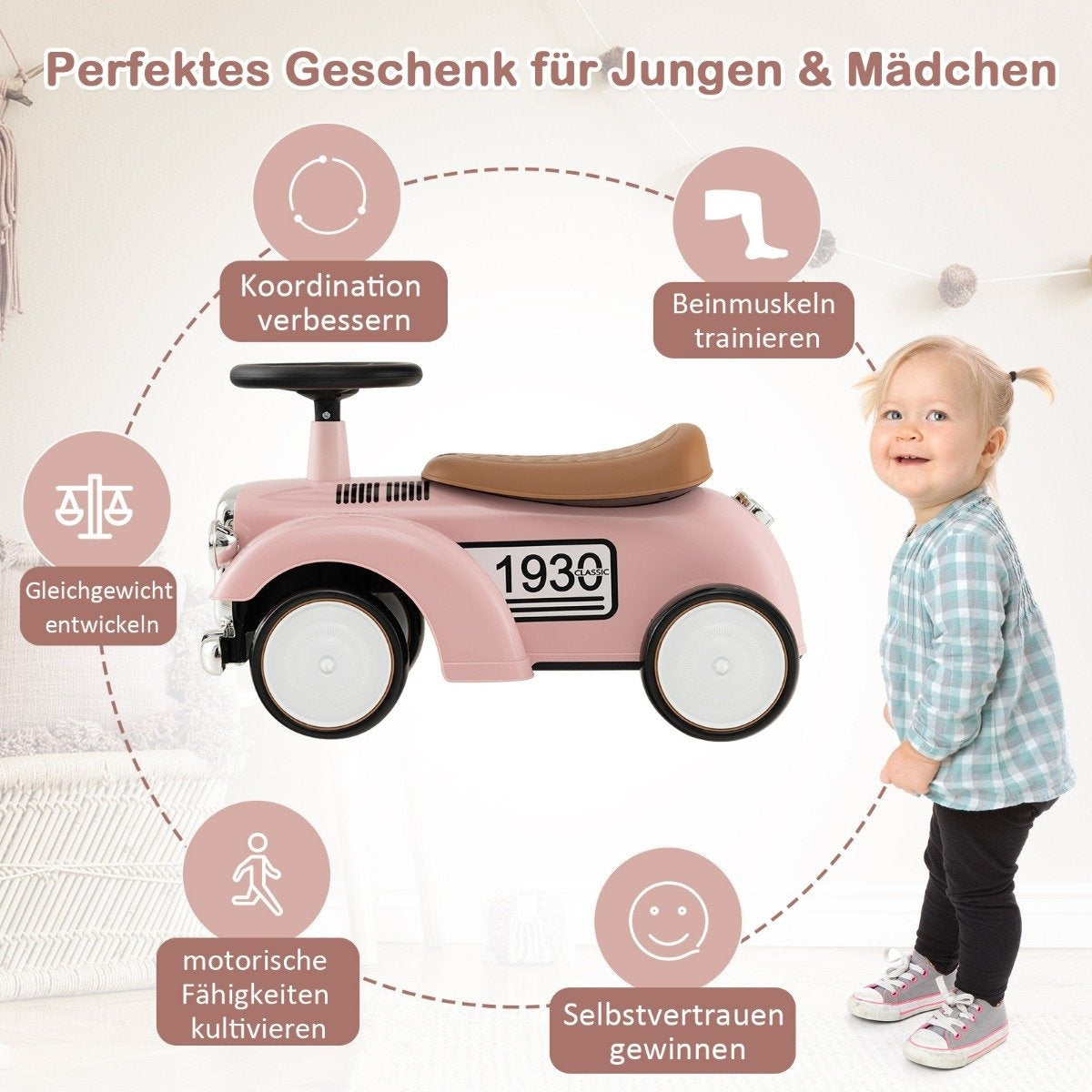 Rutcshauto ride-on vehicle with storage space & tip protection children's vehicle with steering wheel 58 x 27 x 34 cm pink