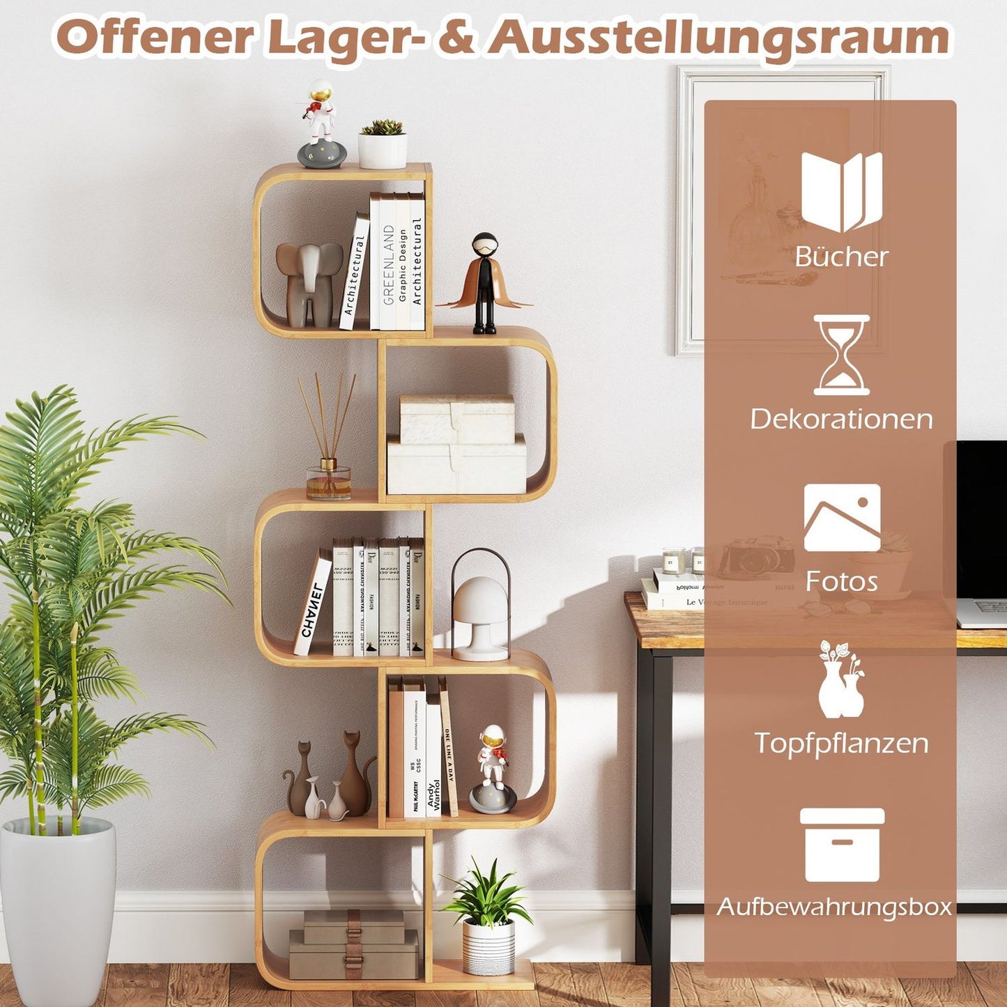 S-Shaped Bamboo Bookshelf with 5 Tiers for Home Office