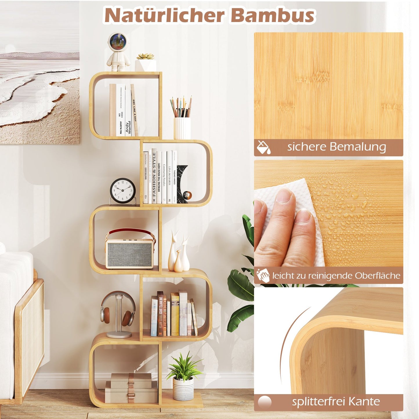 S-Shaped Bamboo Bookshelf with 5 Tiers for Home Office