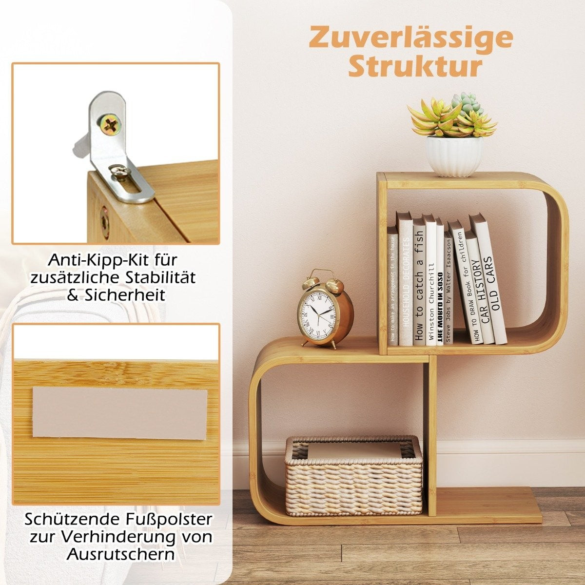 S-Shaped Bookshelf with 2 Open Cubes Geometric Corner Shelf Bamboo Shelf