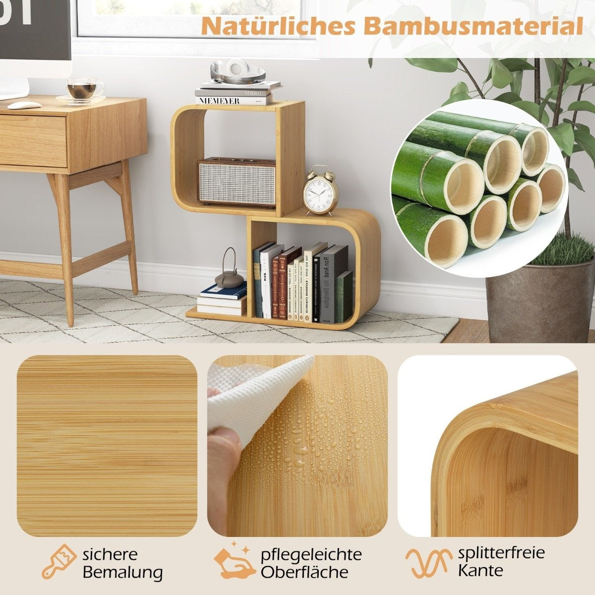S-Shaped Bookshelf with 2 Open Cubes Geometric Corner Shelf Bamboo Shelf