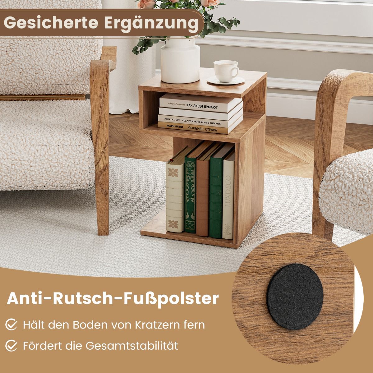 S-Shaped Side Table with 2 Open Shelves, Natural Wood