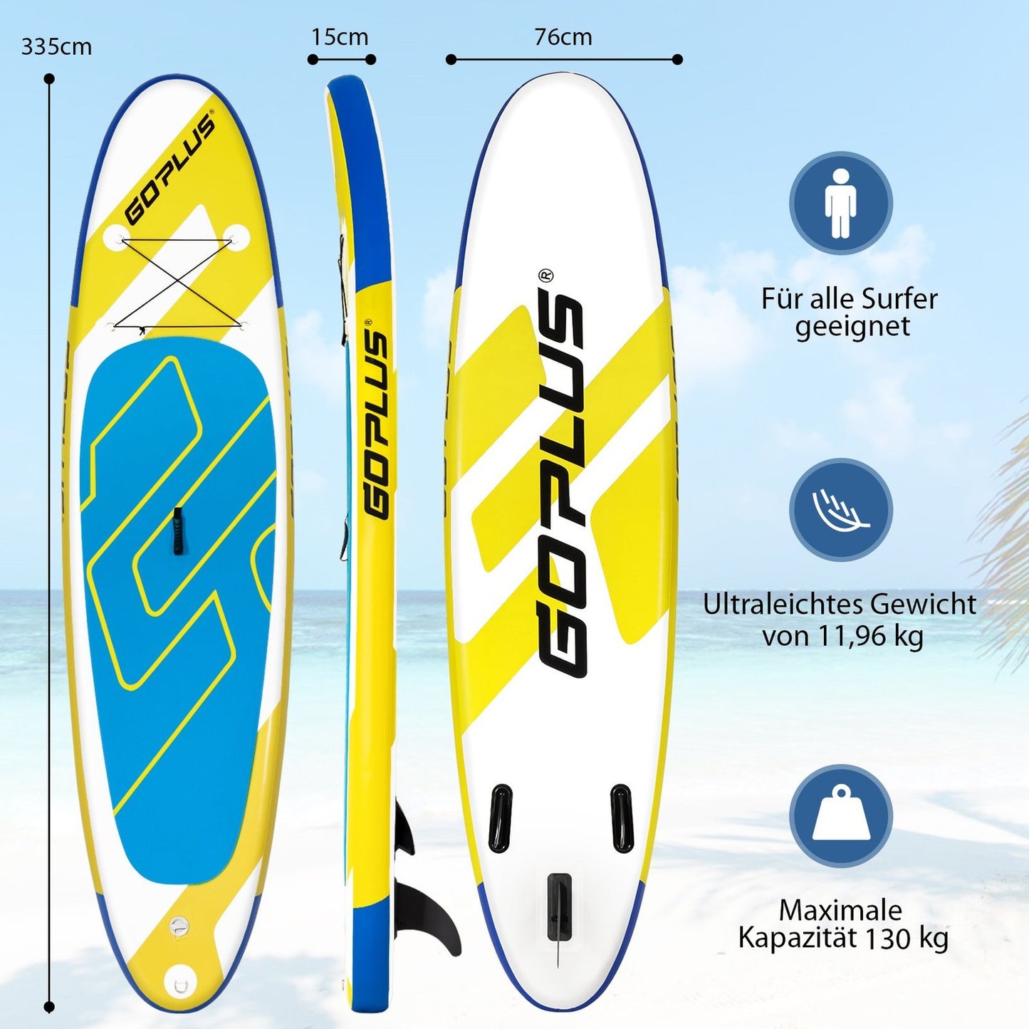 SUP Board Inflatable Stand Up Paddle Board Lightweight Board 335 x 76 x 15 cm Blue + Yellow + White