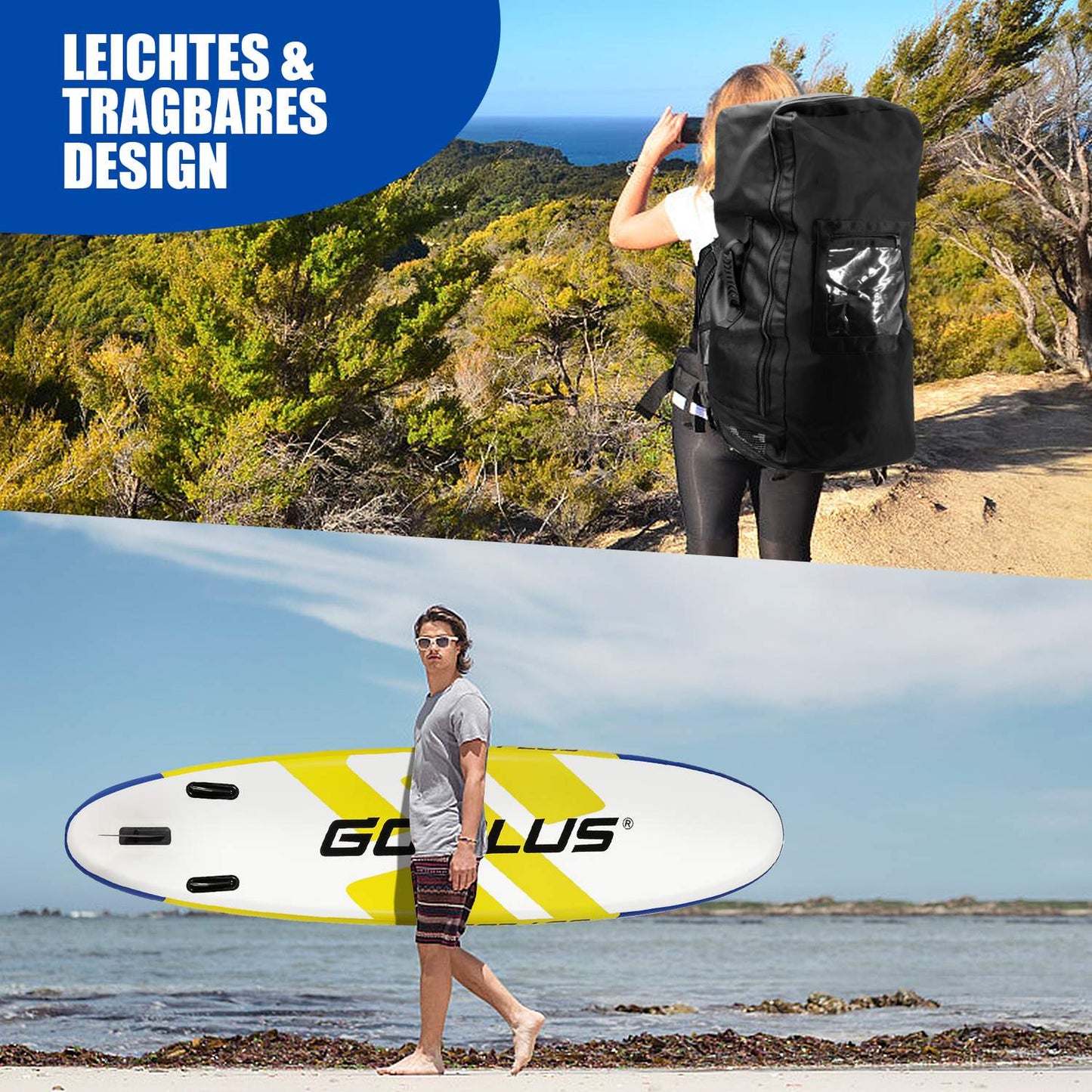 SUP Board Inflatable Stand Up Paddle Board with wide area 305 x 76 x 15 cm Blue + Yellow + White