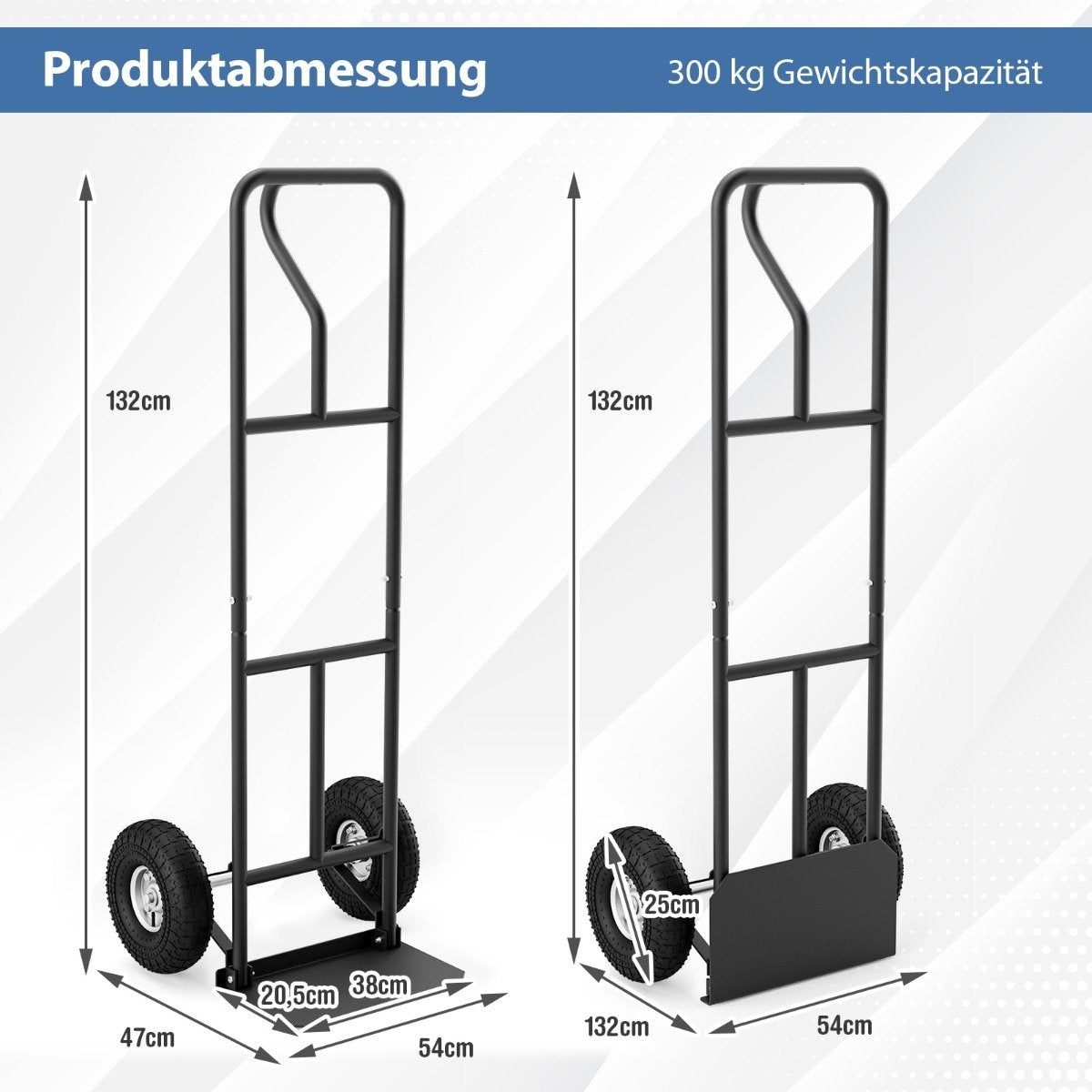 Sack truck with P-handle forklift truck with high backrest folding loading area & rubber wheels black