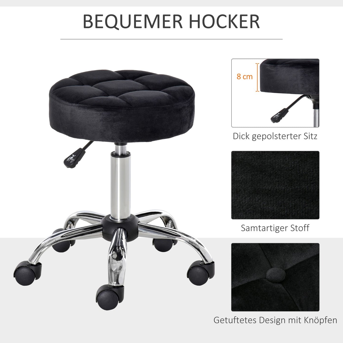 Black Velvet Salon Chair - Adjustable swivel with wheels