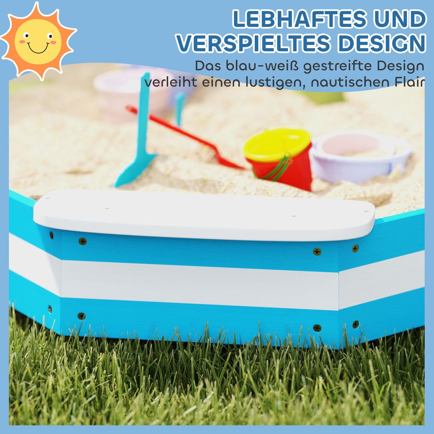 Wooden sandbox with bench & floor cover, 133x108 cm