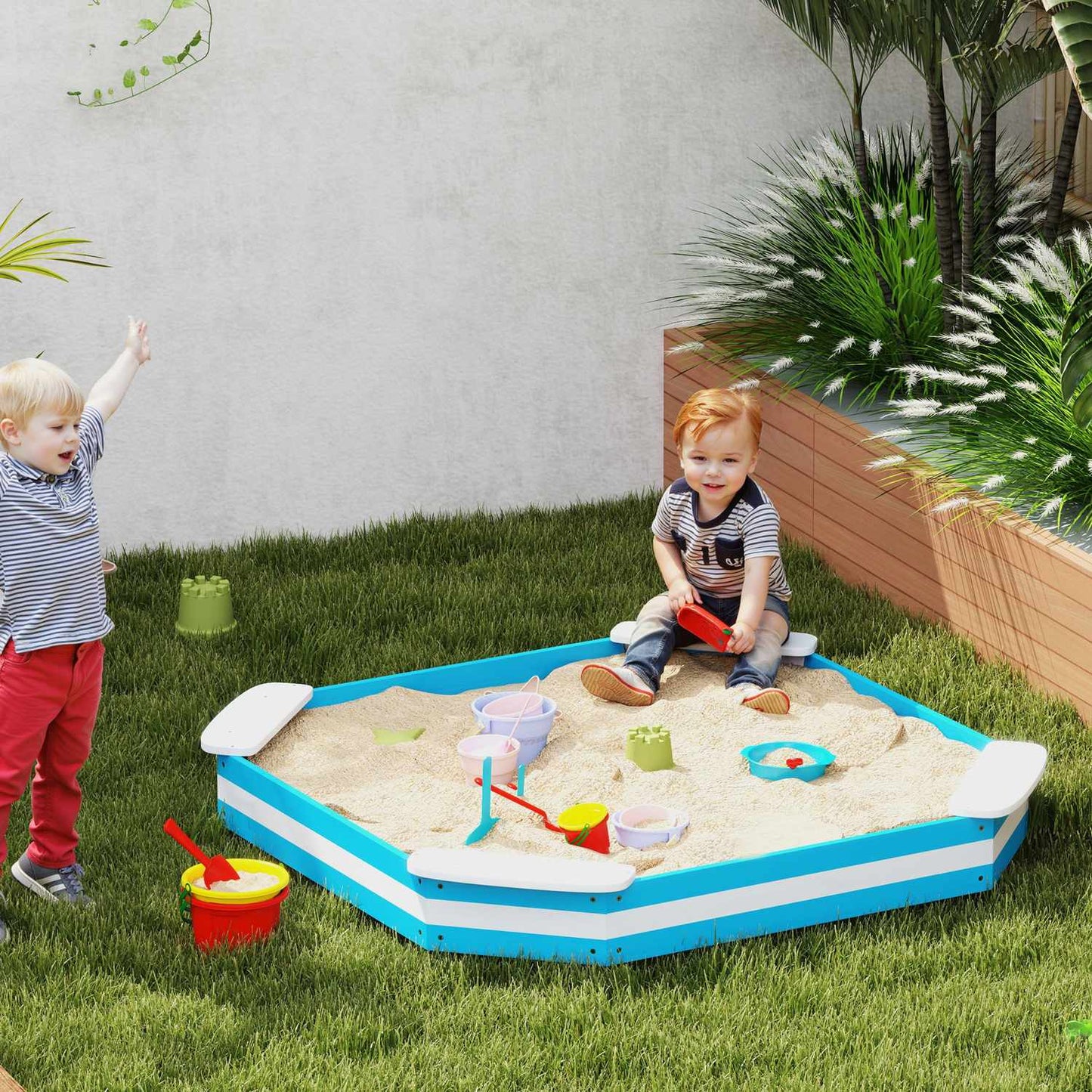 Wooden sandbox with bench & floor cover, 133x108 cm