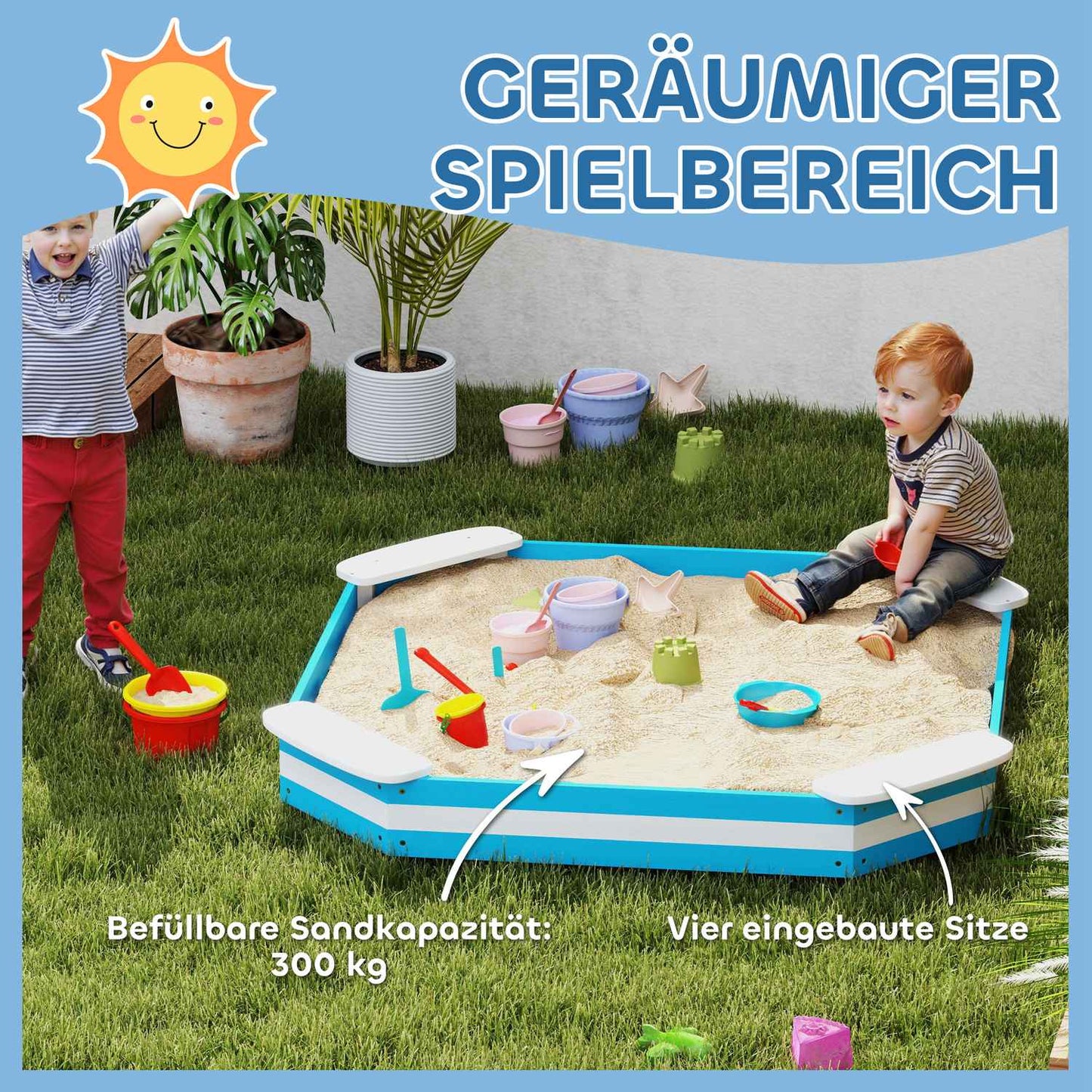 Wooden sandbox with bench & floor cover, 133x108 cm