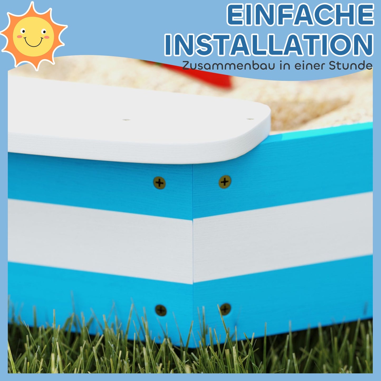 Wooden sandbox with bench & floor cover, 133x108 cm