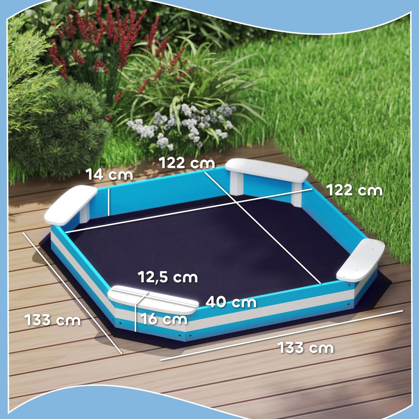 Wooden sandbox with bench & floor cover, 133x108 cm