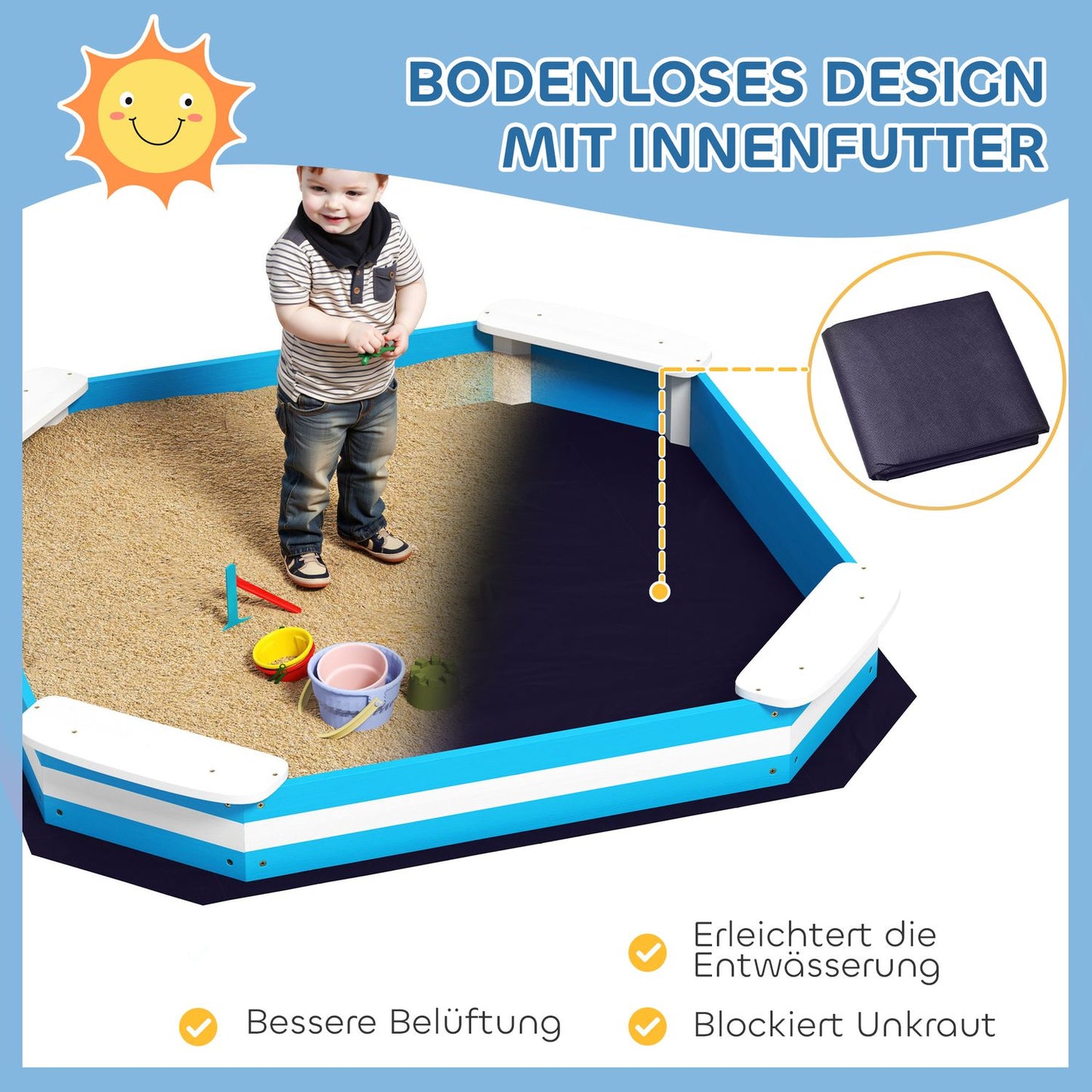 Wooden sandbox with bench & floor cover, 133x108 cm