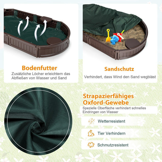 Sandbox sandpit with waterproof cover 183 x 105 x 21 cm brown