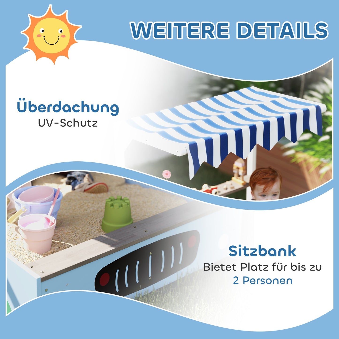Wooden sandbox with roof and bench for children, 90x108 cm