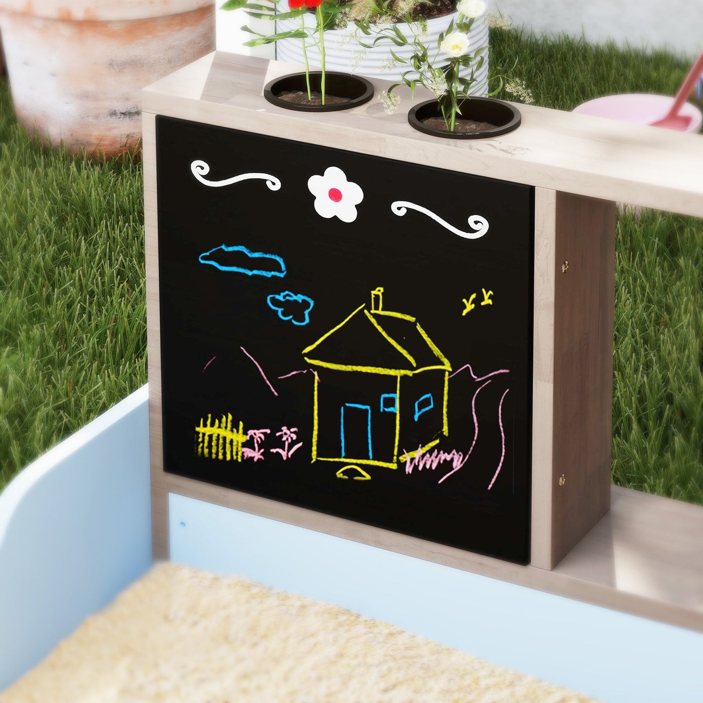 Wooden sandbox with roof and bench for children, 90x108 cm