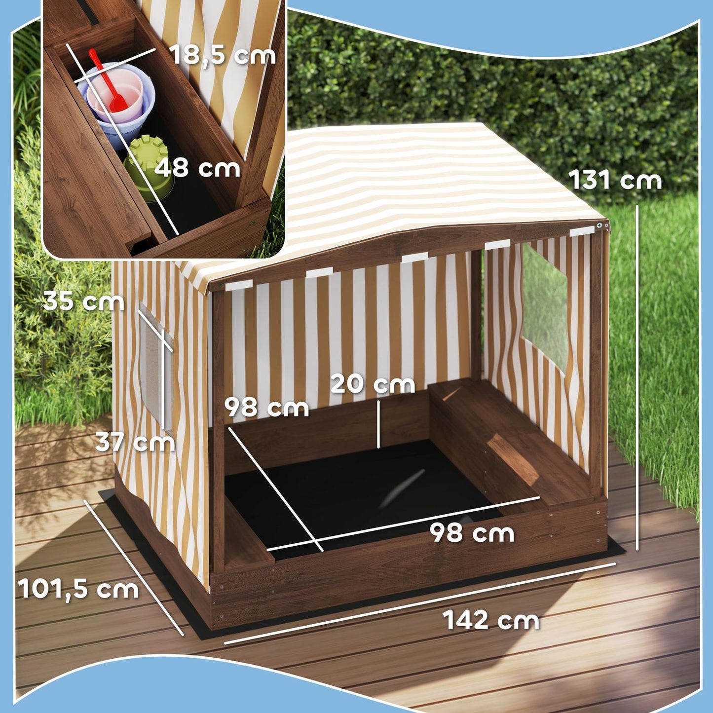 Wooden sandbox with bench & storage, 142 x 101.5 cm